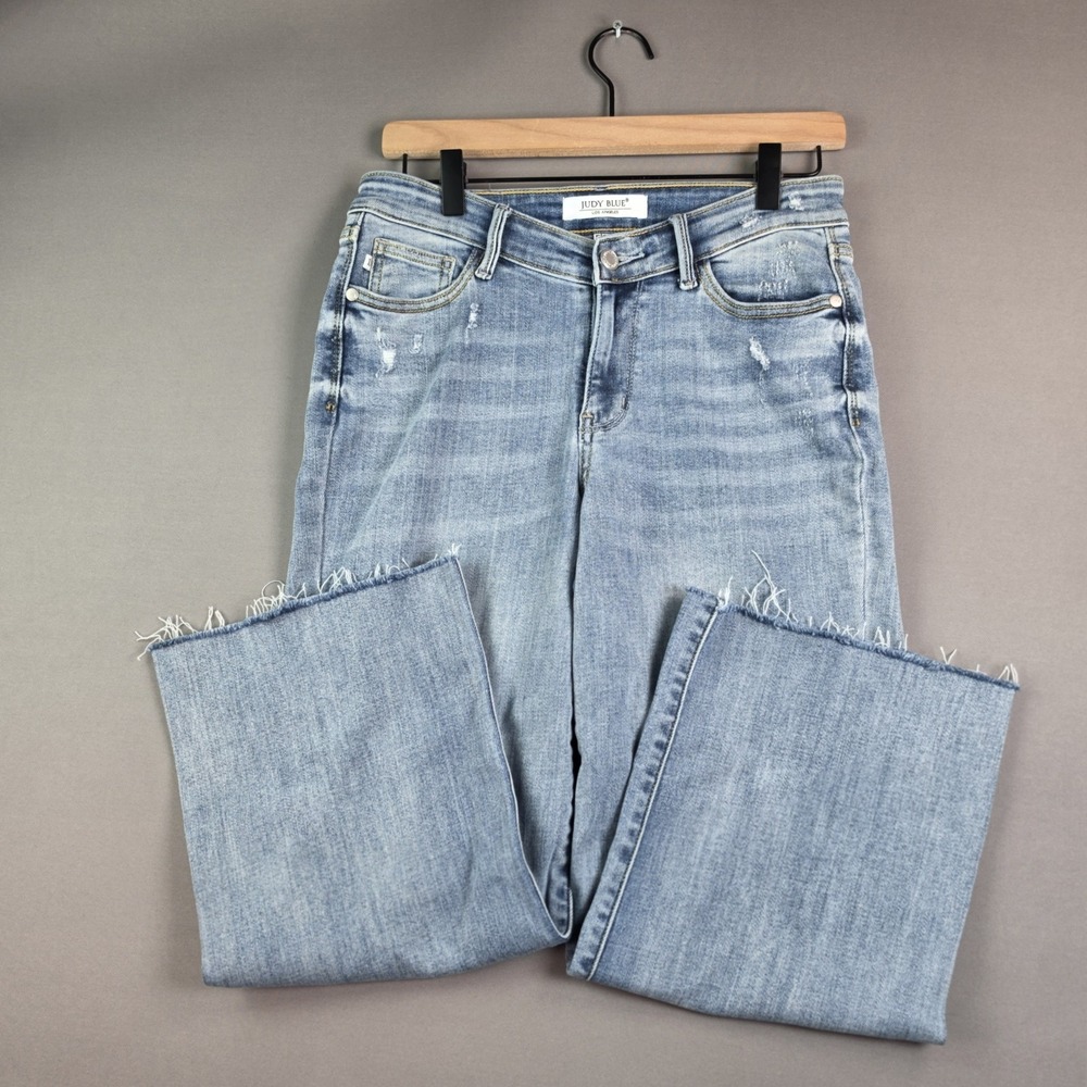 Judy Blue Jeans Womens 5/27 Light Wash Crossover Waist Wide Leg Crops Distressed